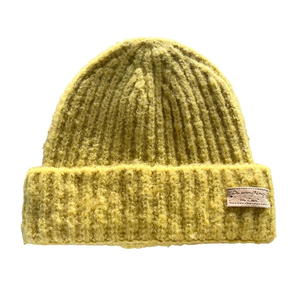 Do Everything In Love Beanie Womens OS Chartreuse Yellow Ribbed Knit Fuzzy Hat